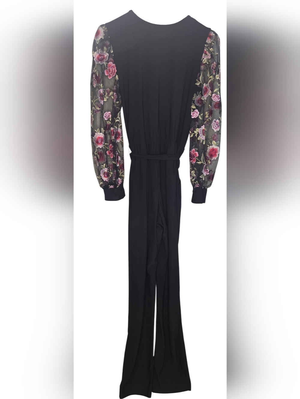 VENUS Black Wrap Jumpsuit with Floral Sheer Sleeves - Large - Picture 4 of 6